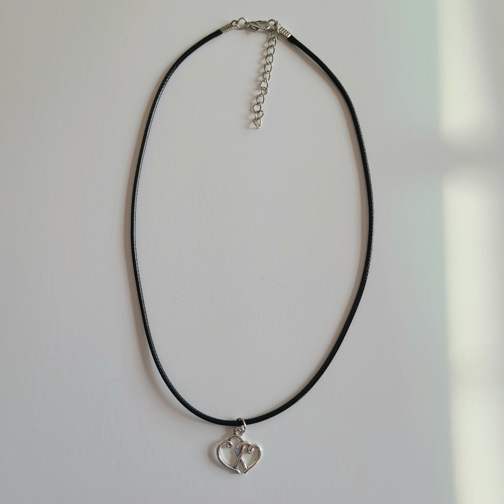 Silver Double Heart Black Faux Leather Cord Necklace - Picture 2 of 6